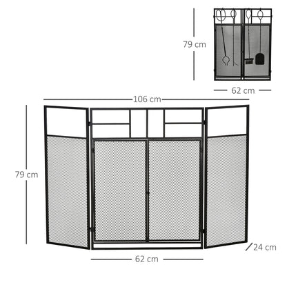 Fireplace Screen Guard Foldable Fireplace Protector with Double Door Panels 4 Tools Metal Structure and Hooks 106x79 cm Black