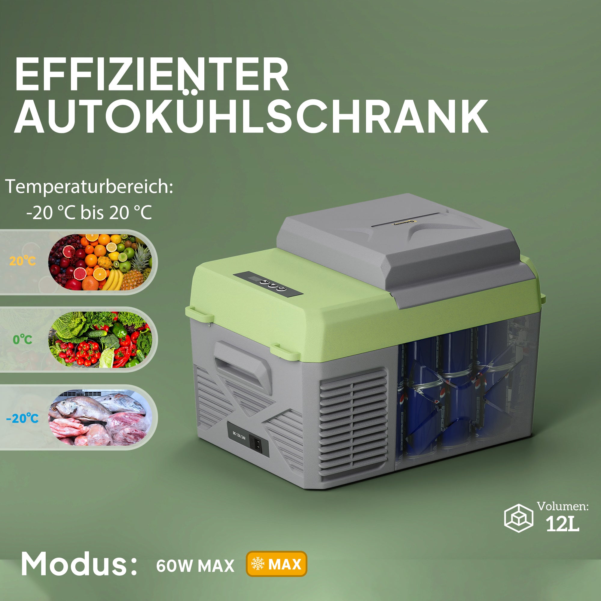 12 Liter Compressor Cooler Box Electric Cooler Box with Connection Cooling Function Freezer Box Thermal Box Mini Refrigerator 12/220 Volt for Car Socket Truck Camping Boat Gray+Green