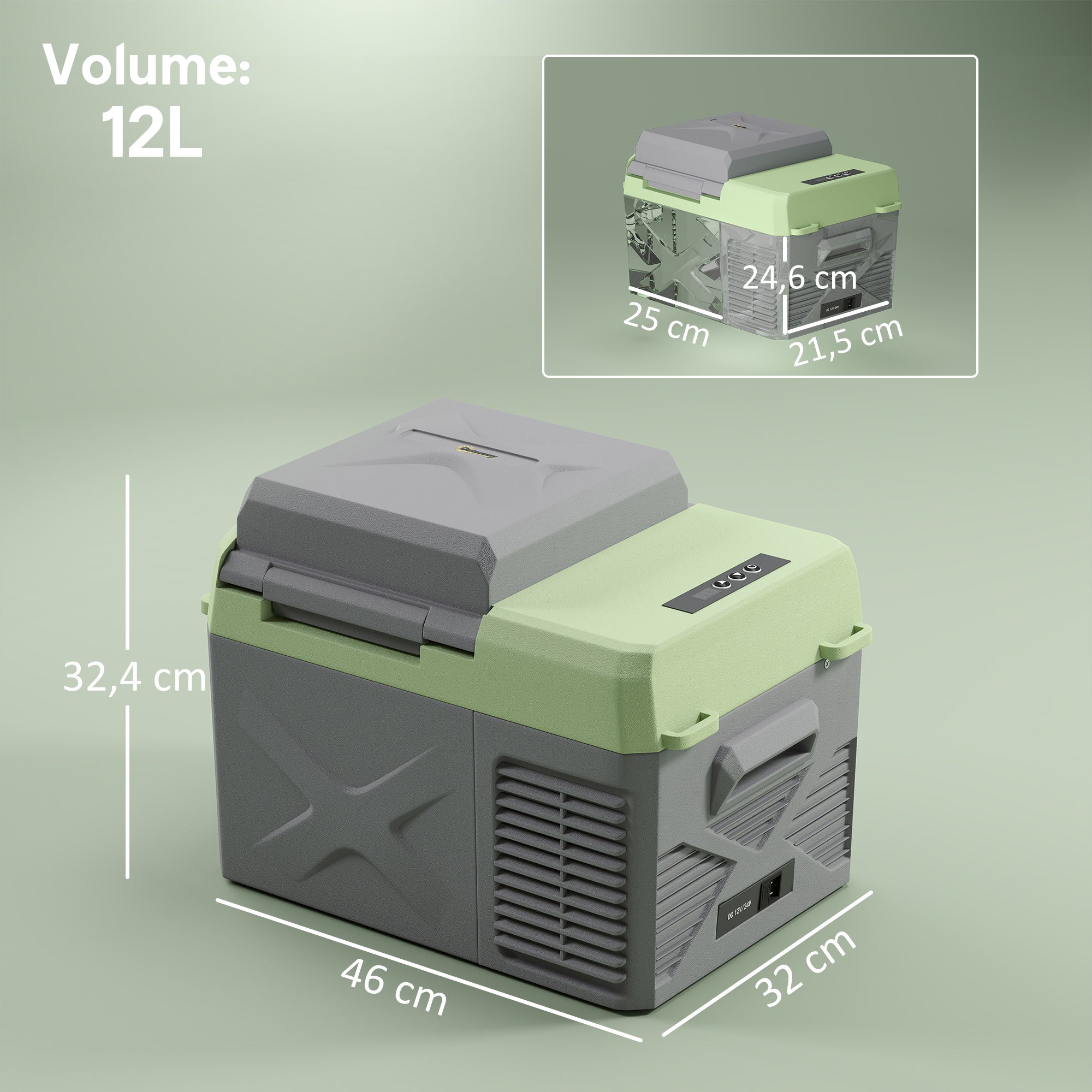 12 Liter Compressor Cooler Box Electric Cooler Box with Connection Cooling Function Freezer Box Thermal Box Mini Refrigerator 12/220 Volt for Car Socket Truck Camping Boat Gray+Green