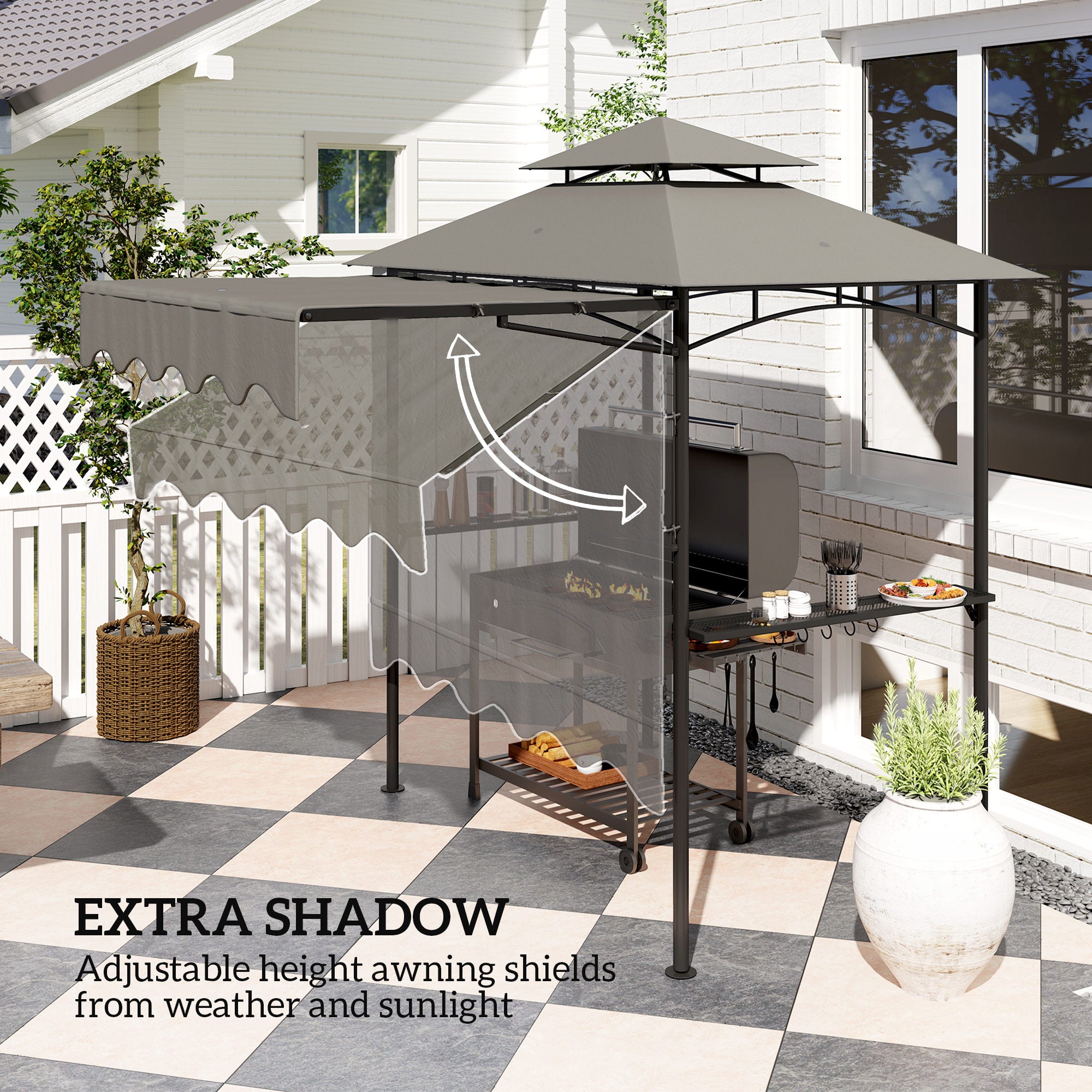 BBQ Gazebo 242 x 149 x 248 cm (95.3" x 58.7" x 97.6") — Water-Resistant, Flame-Retardant Double-Layer Roof, Side Shelves, UV30+, Gray