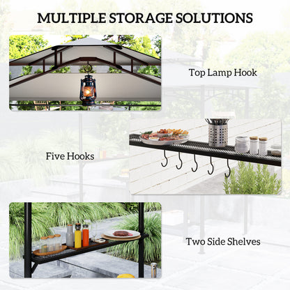 BBQ Gazebo 242 x 149 x 248 cm (95.3" x 58.7" x 97.6") — Water-Resistant, Flame-Retardant Double-Layer Roof, Side Shelves, UV30+, Gray