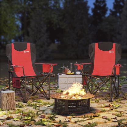 Set of 2 Folding Camping Chairs with Cooler Bag, Cup Holder, Headrest, and 2 Pockets, Garden Chairs in Oxford Fabric and Metal, Load Capacity Up to 120 kg, 94x62x100 cm, Red