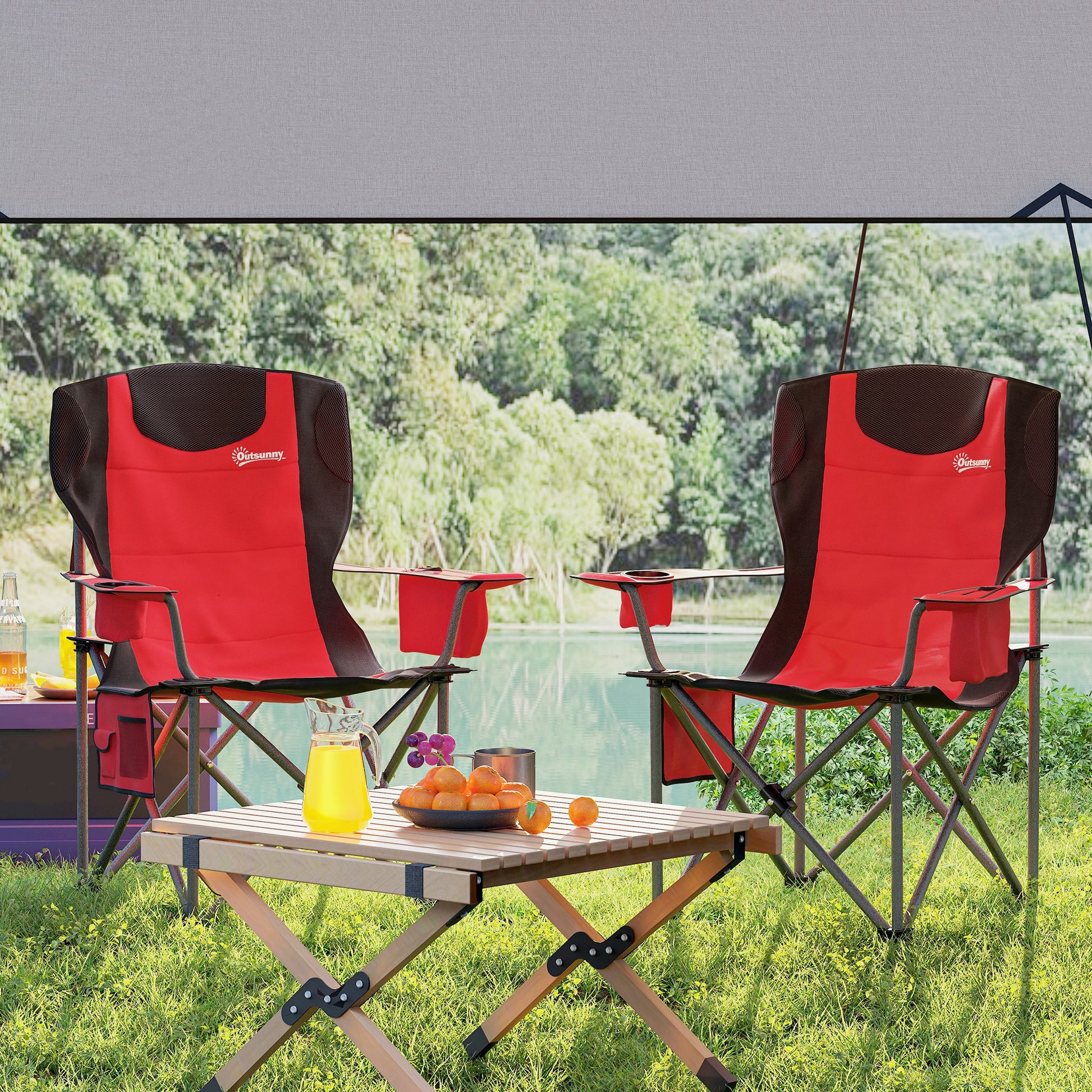 Set of 2 Folding Camping Chairs with Cooler Bag, Cup Holder, Headrest, and 2 Pockets, Garden Chairs in Oxford Fabric and Metal, Load Capacity Up to 120 kg, 94x62x100 cm, Red