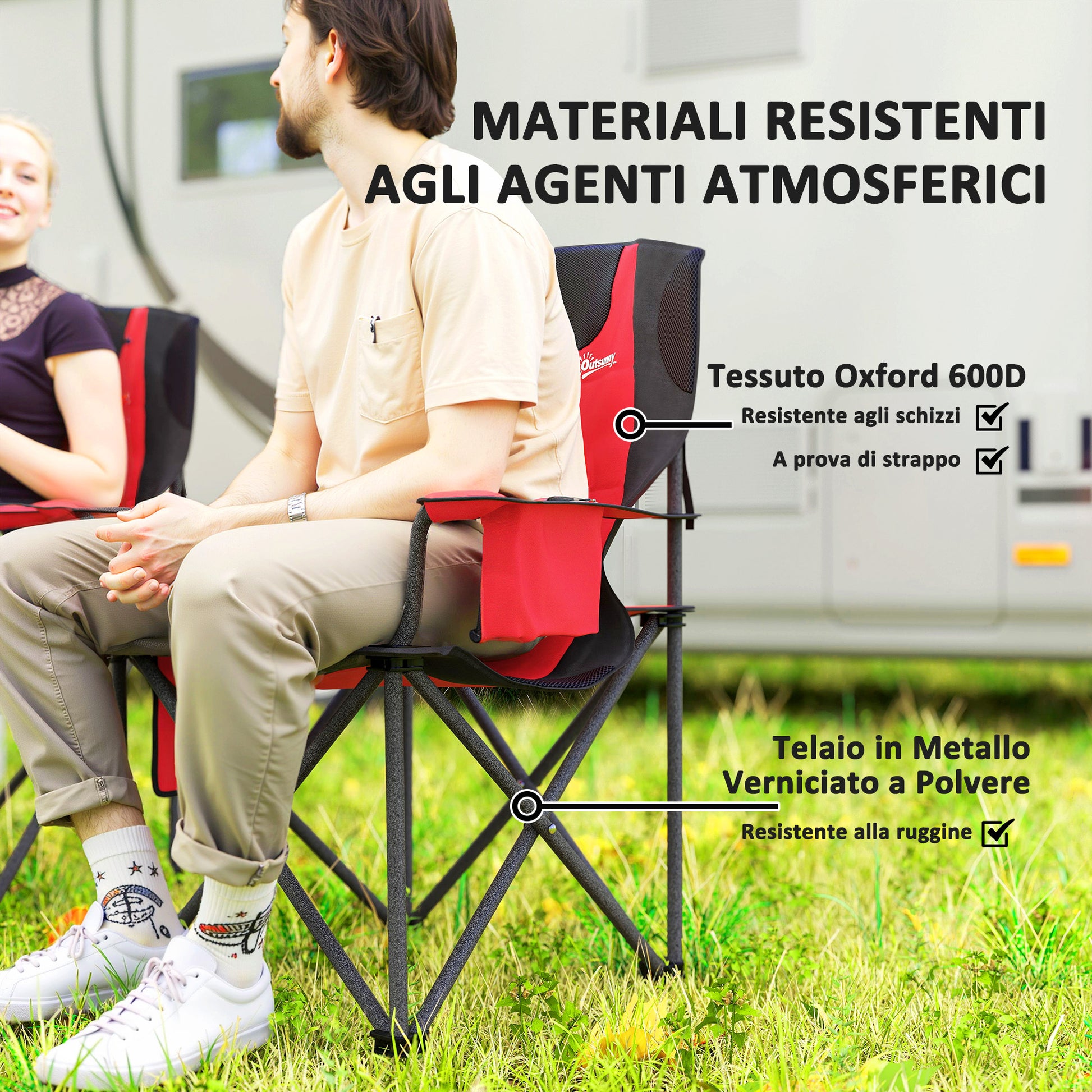 Set of 2 Folding Camping Chairs with Cooler Bag, Cup Holder, Headrest, and 2 Pockets, Garden Chairs in Oxford Fabric and Metal, Load Capacity Up to 120 kg, 94x62x100 cm, Red