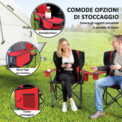 Set of 2 Folding Camping Chairs with Cooler Bag, Cup Holder, Headrest, and 2 Pockets, Garden Chairs in Oxford Fabric and Metal, Load Capacity Up to 120 kg, 94x62x100 cm, Red