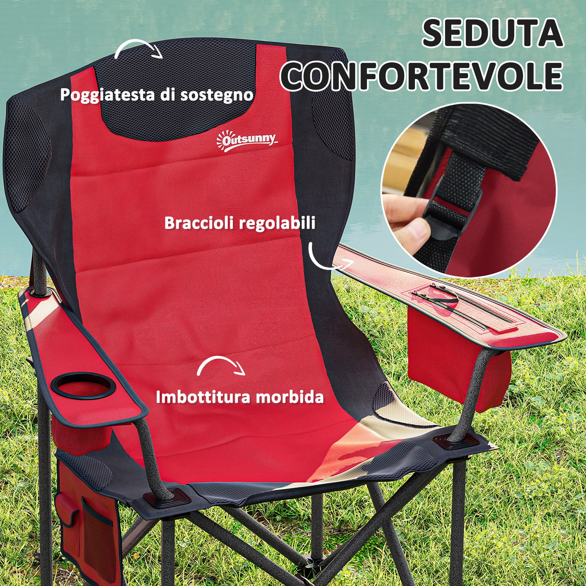 Set of 2 Folding Camping Chairs with Cooler Bag, Cup Holder, Headrest, and 2 Pockets, Garden Chairs in Oxford Fabric and Metal, Load Capacity Up to 120 kg, 94x62x100 cm, Red