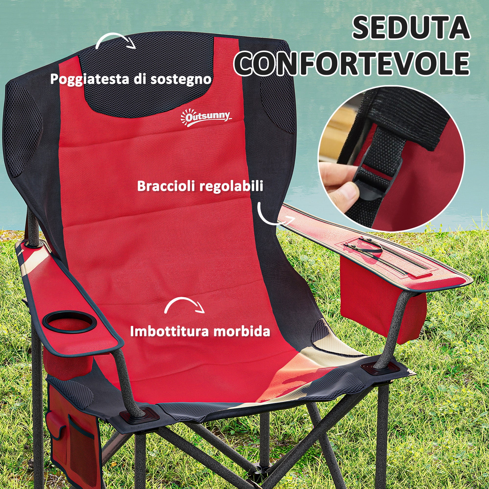 Set of 2 Folding Camping Chairs with Cooler Bag, Cup Holder, Headrest, and 2 Pockets, Garden Chairs in Oxford Fabric and Metal, Load Capacity Up to 120 kg, 94x62x100 cm, Red