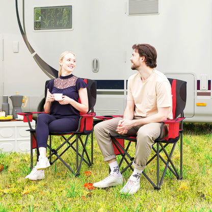 Set of 2 Folding Camping Chairs with Cooler Bag, Cup Holder, Headrest, and 2 Pockets, Garden Chairs in Oxford Fabric and Metal, Load Capacity Up to 120 kg, 94x62x100 cm, Red