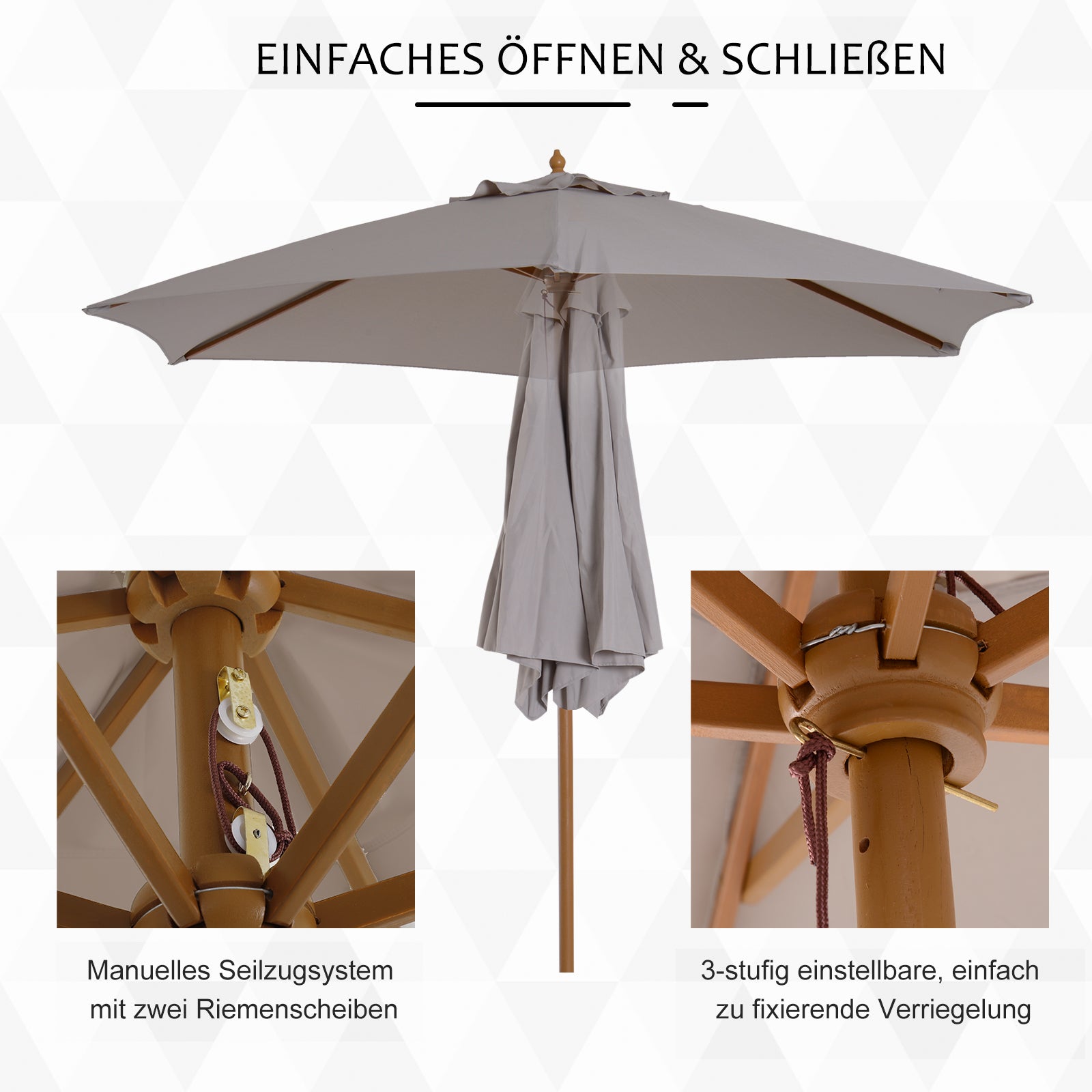 Umbrella Ø 250 cm, Umbrella with Pulley Mechanism Balcony Umbrella Beach Umbrella made of Bamboo Wind Resistant Market Umbrella Sun Protection for Balcony Terrace Garden, Gray