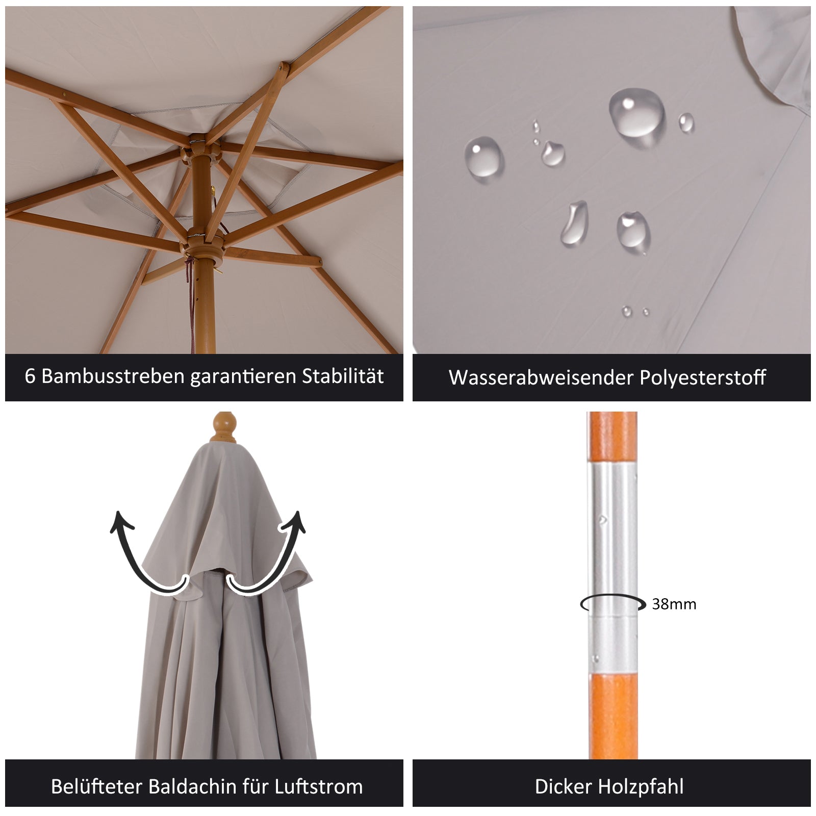 Umbrella Ø 250 cm, Umbrella with Pulley Mechanism Balcony Umbrella Beach Umbrella made of Bamboo Wind Resistant Market Umbrella Sun Protection for Balcony Terrace Garden, Gray