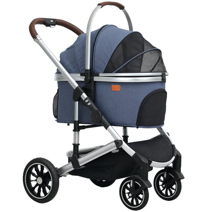 3-in-1 Dog Stroller Foldable Pet Stroller for Dogs & Cats up to 10 kg Cat Stroller with Cushion Mesh Windows Doors Storage Basket Cat Carriage Stroller Dark Blue