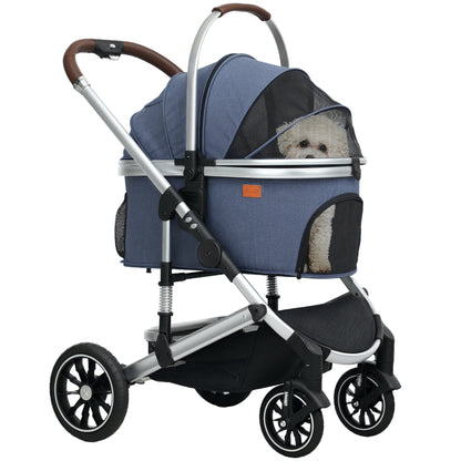 3-in-1 Dog Stroller Foldable Pet Stroller for Dogs & Cats up to 10 kg Cat Stroller with Cushion Mesh Windows Doors Storage Basket Cat Carriage Stroller Dark Blue
