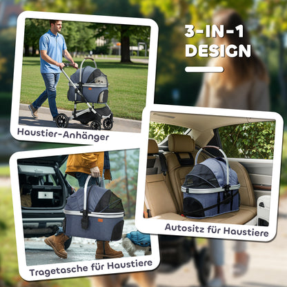 3-in-1 Dog Stroller Foldable Pet Stroller for Dogs & Cats up to 10 kg Cat Stroller with Cushion Mesh Windows Doors Storage Basket Cat Carriage Stroller Dark Blue