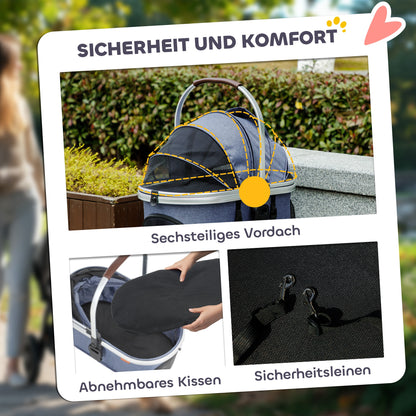 3-in-1 Dog Stroller Foldable Pet Stroller for Dogs & Cats up to 10 kg Cat Stroller with Cushion Mesh Windows Doors Storage Basket Cat Carriage Stroller Dark Blue