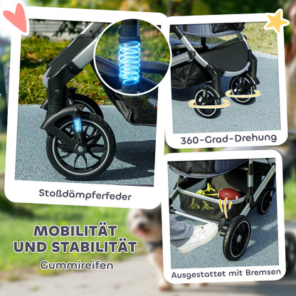 3-in-1 Dog Stroller Foldable Pet Stroller for Dogs & Cats up to 10 kg Cat Stroller with Cushion Mesh Windows Doors Storage Basket Cat Carriage Stroller Dark Blue