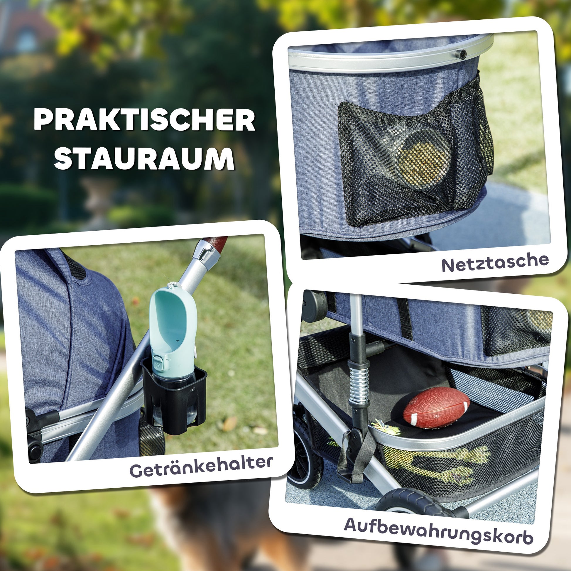 3-in-1 Dog Stroller Foldable Pet Stroller for Dogs & Cats up to 10 kg Cat Stroller with Cushion Mesh Windows Doors Storage Basket Cat Carriage Stroller Dark Blue