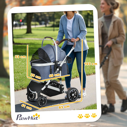 3-in-1 Dog Stroller Foldable Pet Stroller for Dogs & Cats up to 10 kg Cat Stroller with Cushion Mesh Windows Doors Storage Basket Cat Carriage Stroller Dark Blue