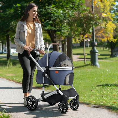 3-in-1 Dog Stroller Foldable Pet Stroller for Dogs & Cats up to 10 kg Cat Stroller with Cushion Mesh Windows Doors Storage Basket Cat Carriage Stroller Dark Blue