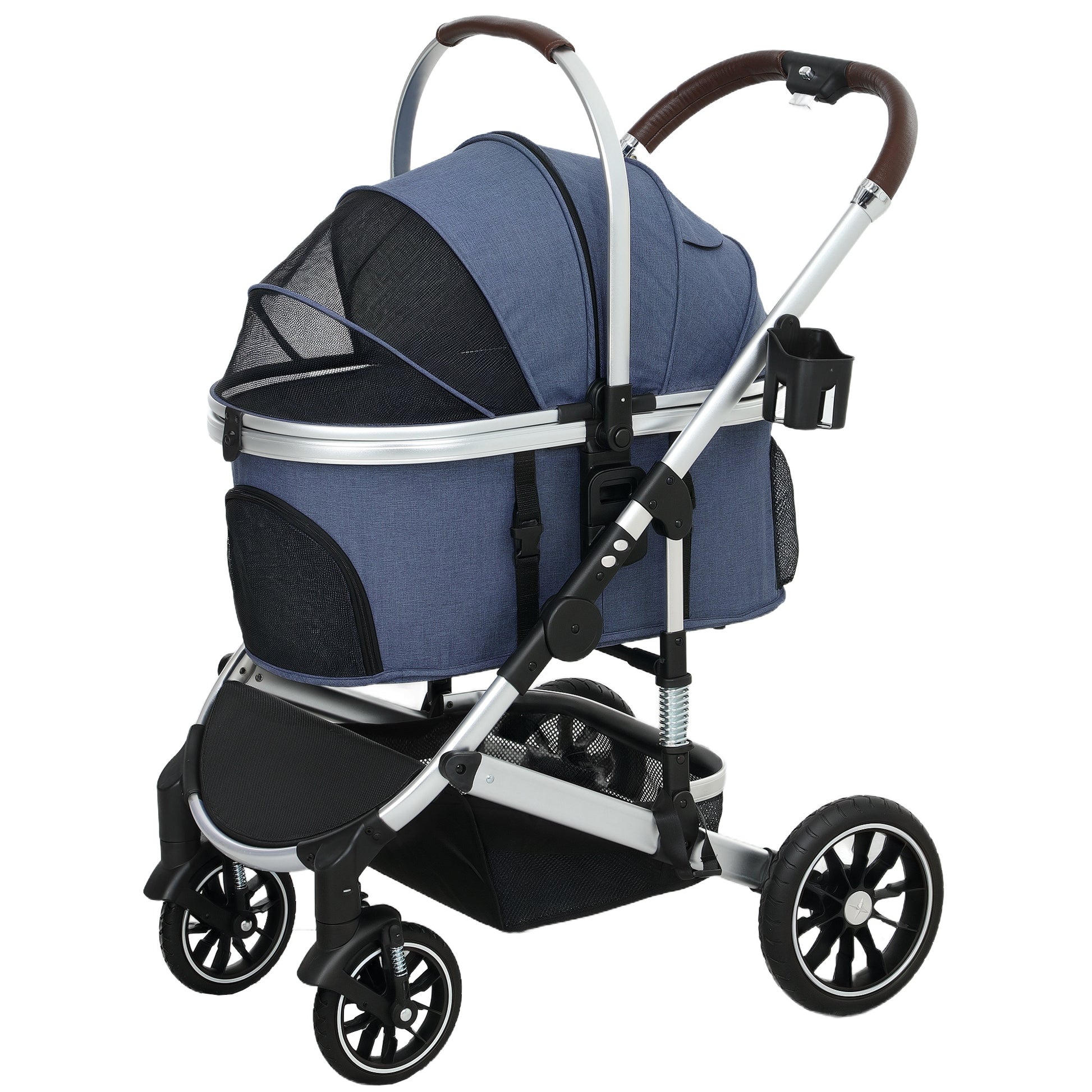 3-in-1 Dog Stroller Foldable Pet Stroller for Dogs & Cats up to 10 kg Cat Stroller with Cushion Mesh Windows Doors Storage Basket Cat Carriage Stroller Dark Blue