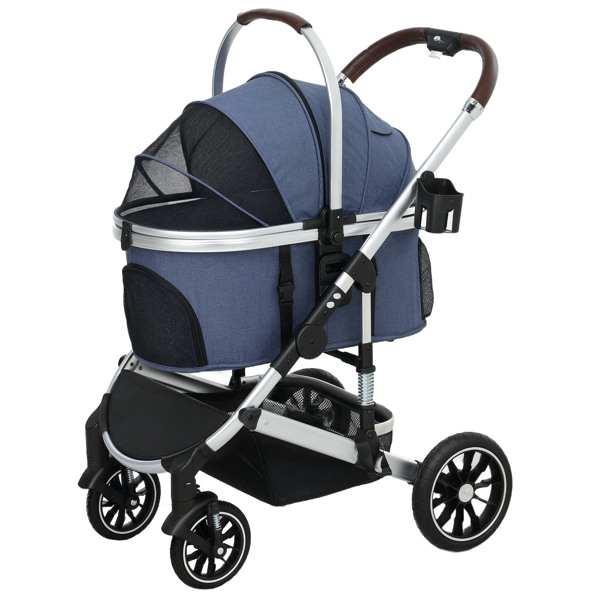 3-in-1 Dog Stroller Foldable Pet Stroller for Dogs & Cats up to 10 kg Cat Stroller with Cushion Mesh Windows Doors Storage Basket Cat Carriage Stroller Dark Blue