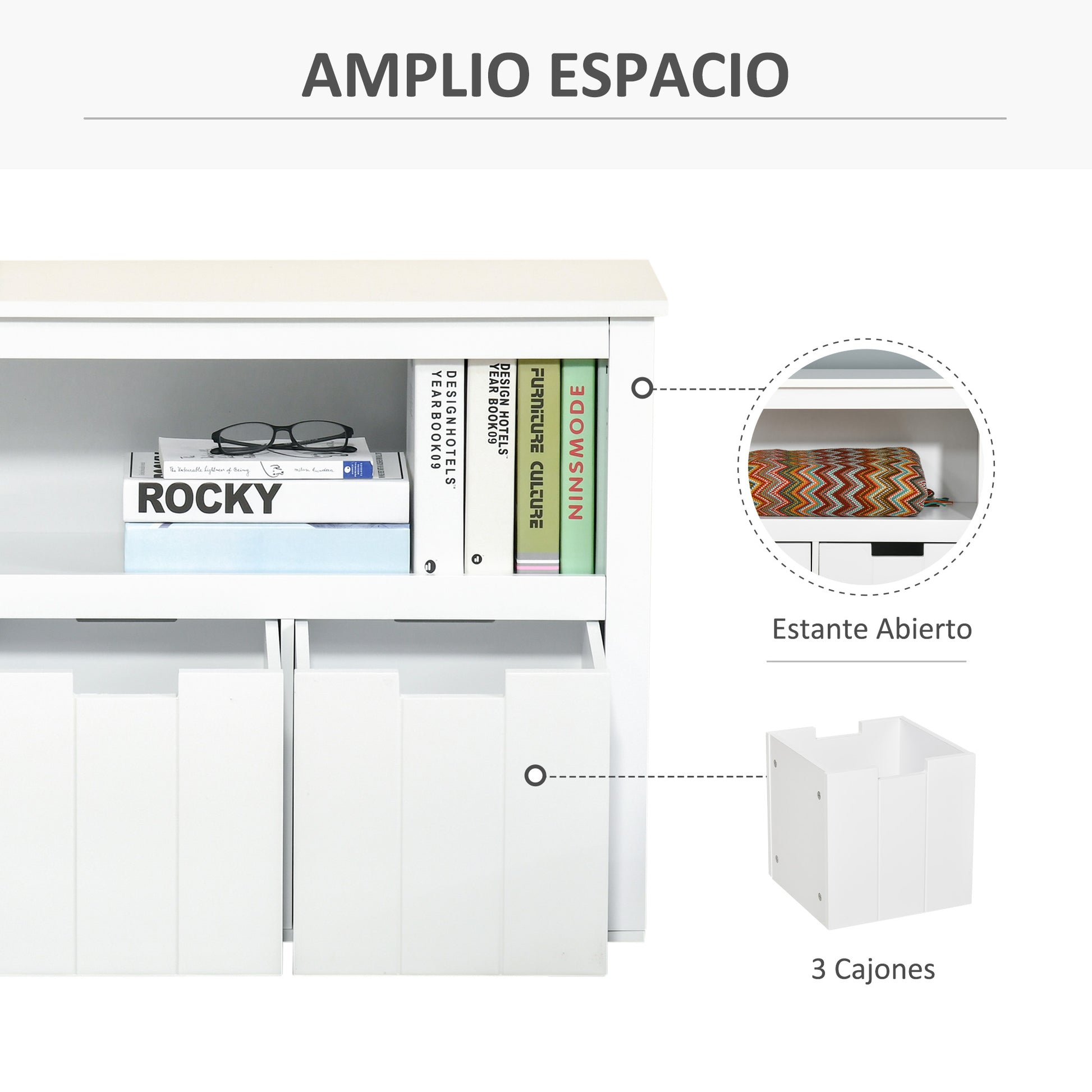 Living Room Sideboard with 3 Removable Drawers and Open Shelves for Books Toys Auxiliary Storage Cabinet for Bedroom Kitchen 102x33x61.5 cm White