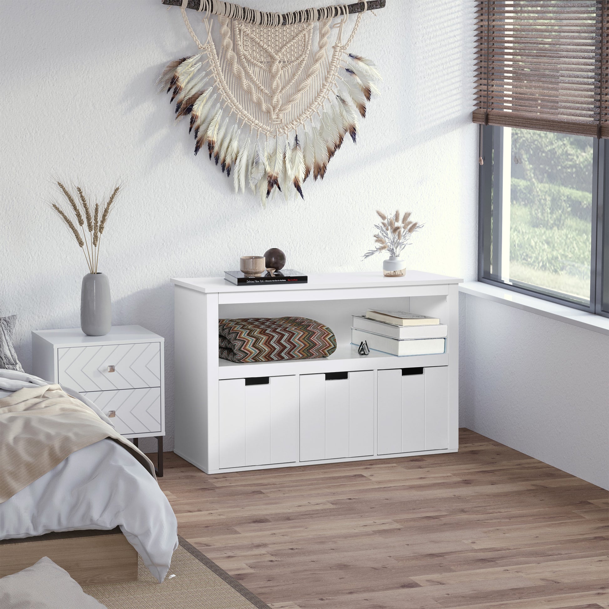 Living Room Sideboard with 3 Removable Drawers and Open Shelves for Books Toys Auxiliary Storage Cabinet for Bedroom Kitchen 102x33x61.5 cm White