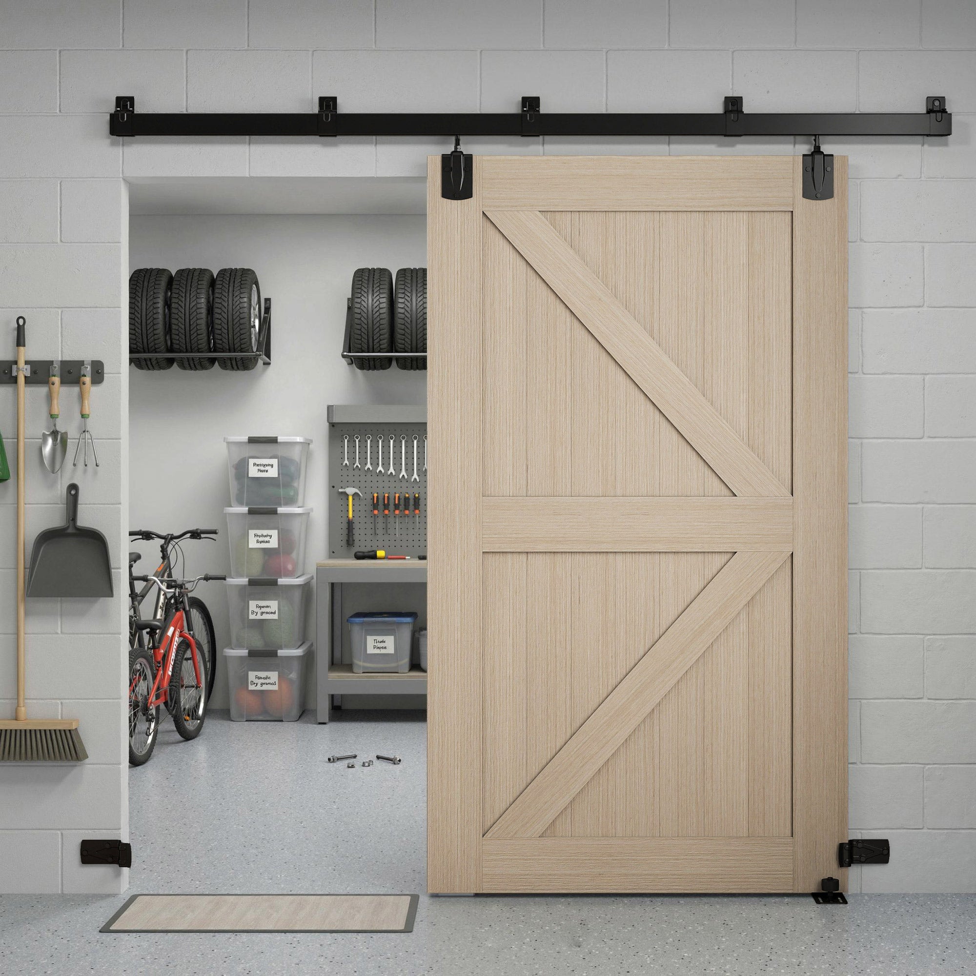 Sliding Door Hardware Kit 2.44 m (8 ft) with Rail – Clamp Hanger Sliding Door System in Carbon Steel, Screw Set with UV Protection for Single Doors, Black