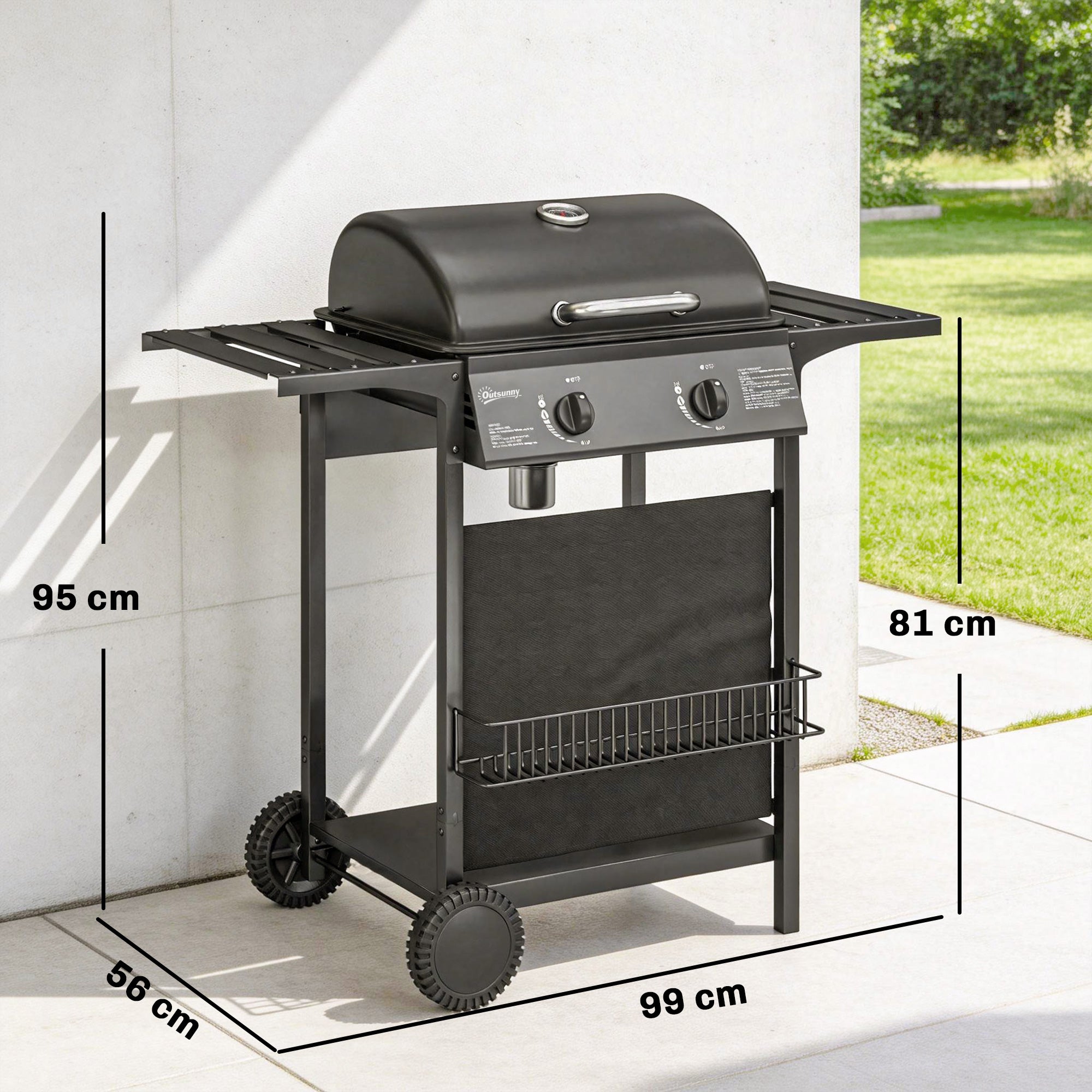 Gas Grill 5 kW 2-Burner BBQ Grill Cart, Stainless Steel — Side Table, Lower Shelf, Front Cover, Thermometer, Enamel Grate, Warming Rack, Drip Tray, Wheels