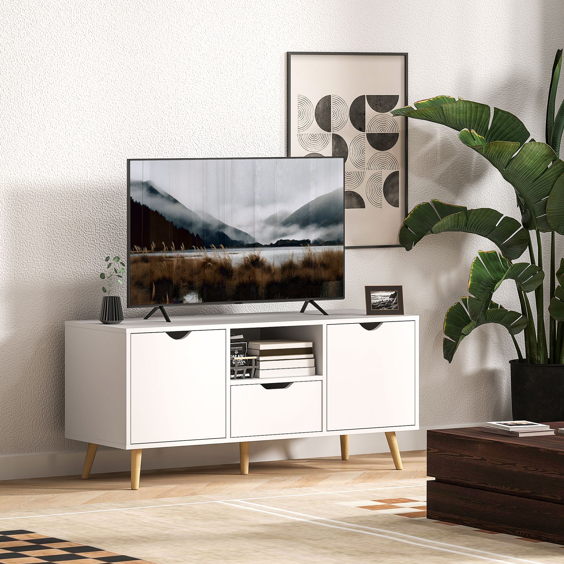 Modern TV Stand up to 50" with Drawer, Open Shelf, and 2 Cabinets, TV Stand with 5 Pine Wood Legs, 110x40x50 cm, White