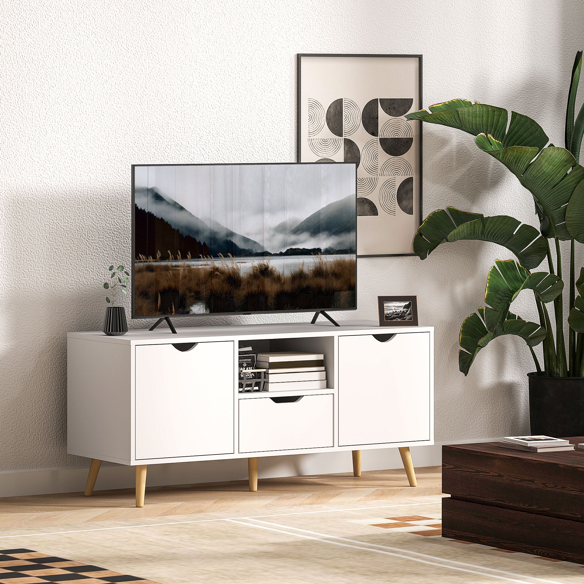 Modern TV Stand up to 50" with Drawer, Open Shelf, and 2 Cabinets, TV Stand with 5 Pine Wood Legs, 110x40x50 cm, White