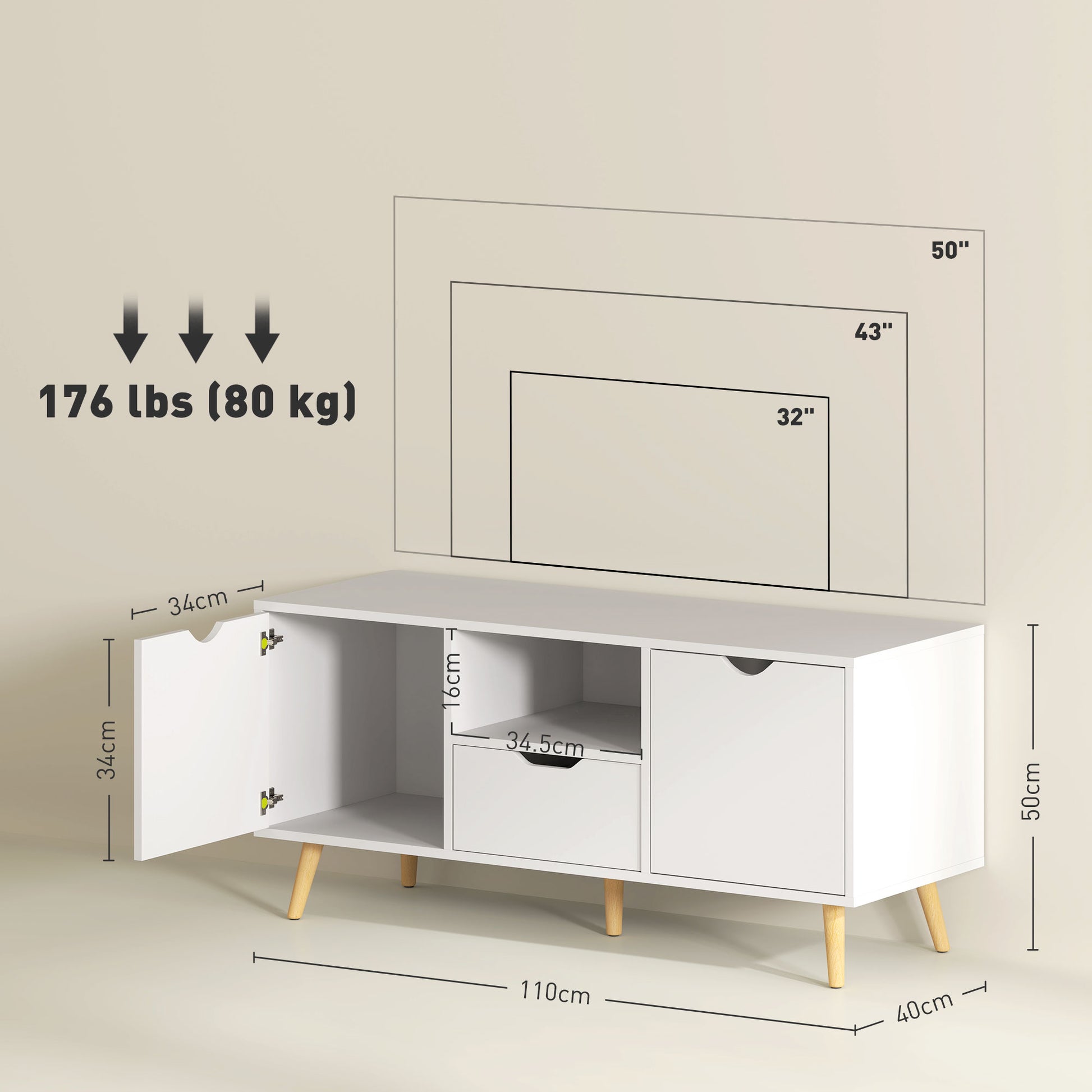 Modern TV Stand up to 50" with Drawer, Open Shelf, and 2 Cabinets, TV Stand with 5 Pine Wood Legs, 110x40x50 cm, White