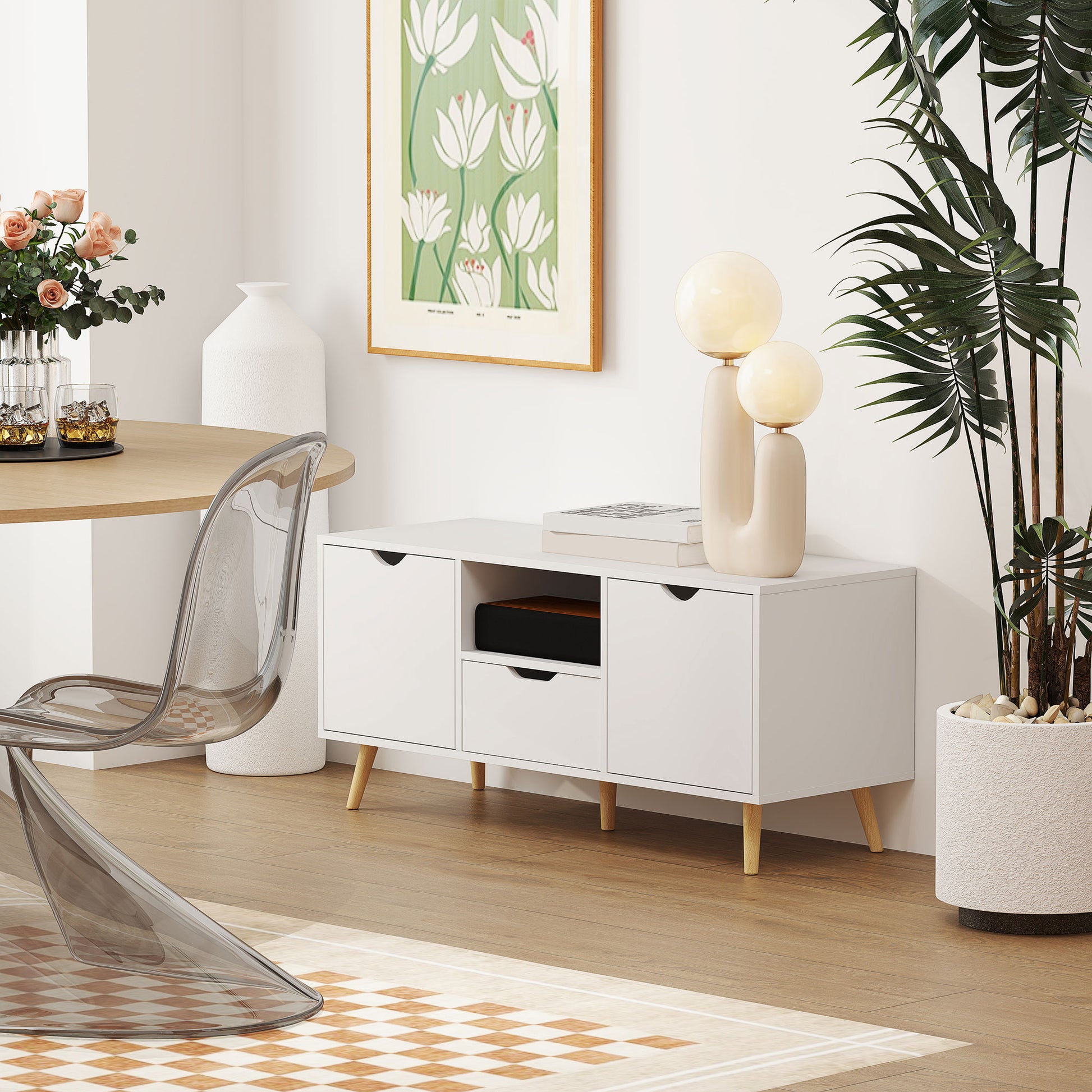 Modern TV Stand up to 50" with Drawer, Open Shelf, and 2 Cabinets, TV Stand with 5 Pine Wood Legs, 110x40x50 cm, White