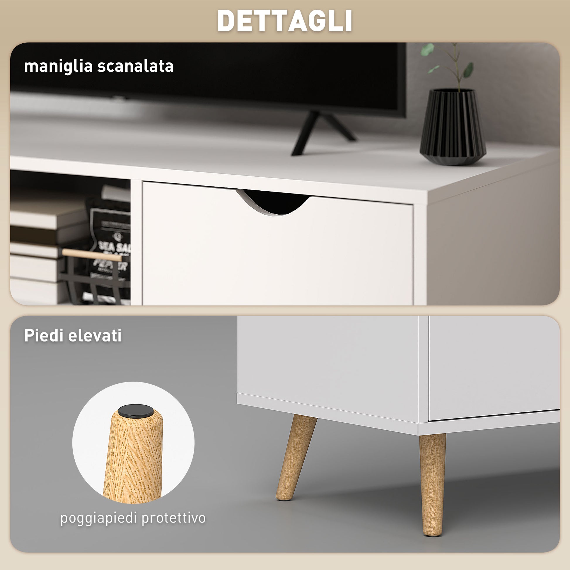 Modern TV Stand up to 50" with Drawer, Open Shelf, and 2 Cabinets, TV Stand with 5 Pine Wood Legs, 110x40x50 cm, White