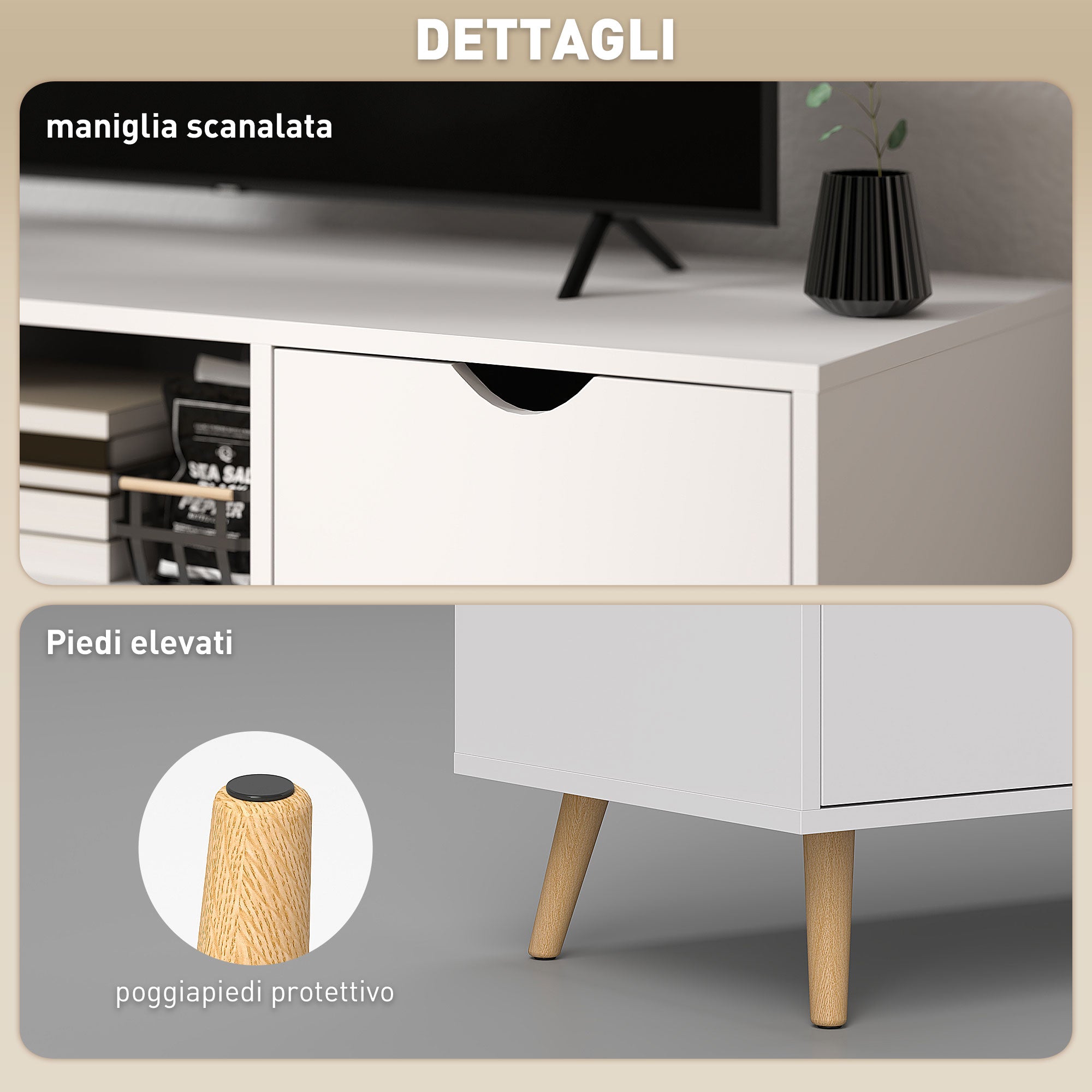 Modern TV Stand up to 50" with Drawer, Open Shelf, and 2 Cabinets, TV Stand with 5 Pine Wood Legs, 110x40x50 cm, White