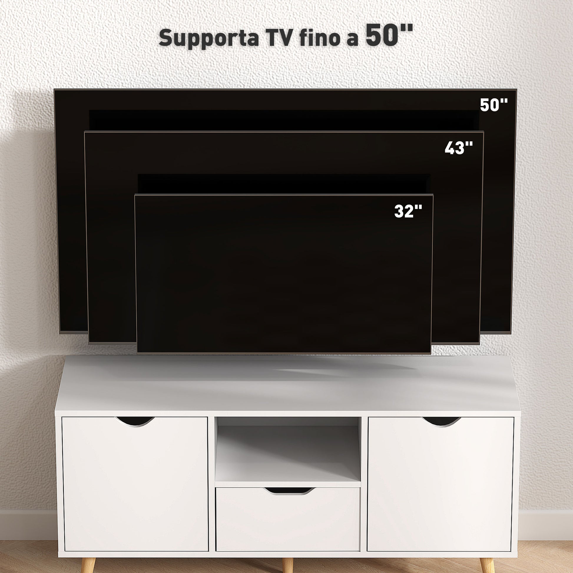 Modern TV Stand up to 50" with Drawer, Open Shelf, and 2 Cabinets, TV Stand with 5 Pine Wood Legs, 110x40x50 cm, White