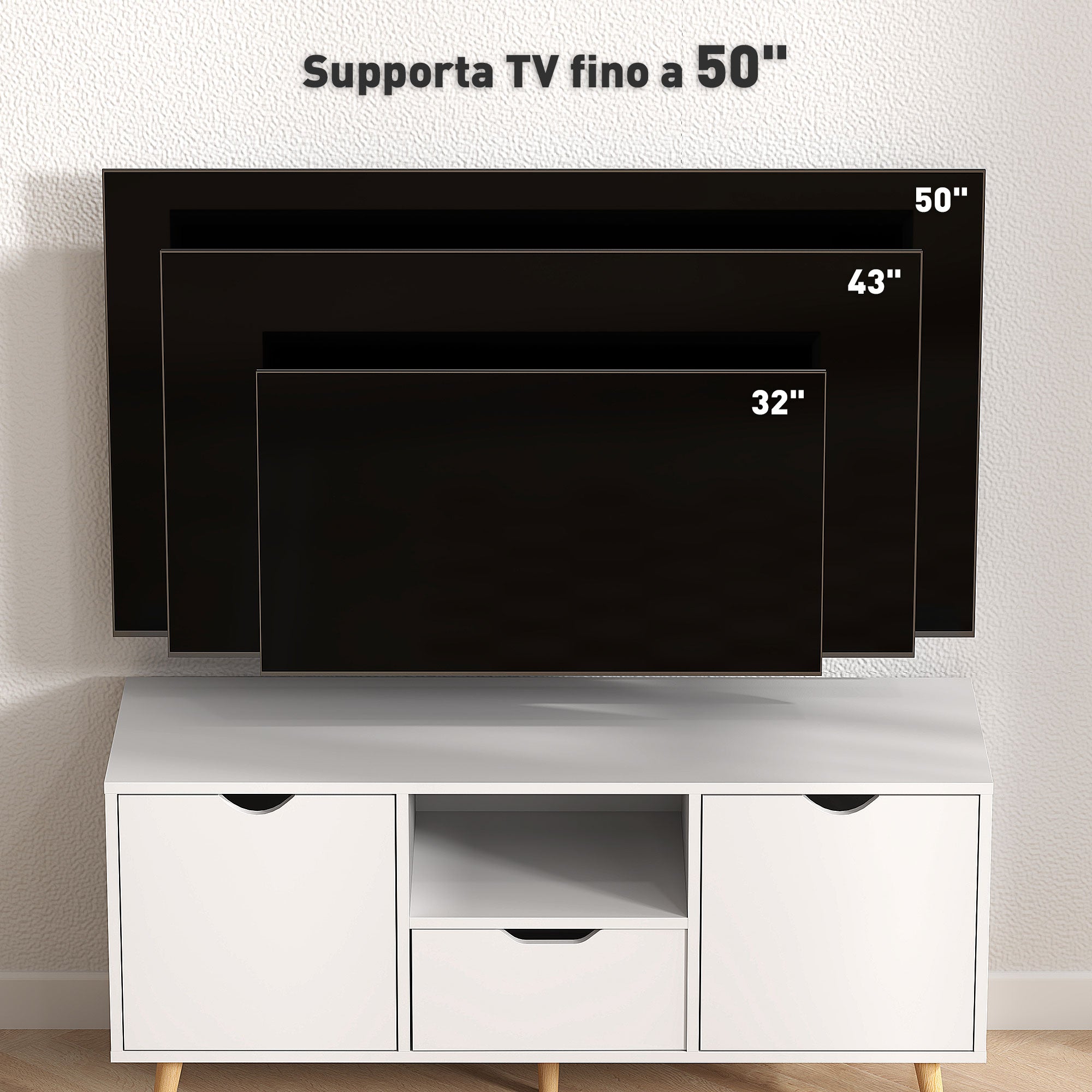 Modern TV Stand up to 50" with Drawer, Open Shelf, and 2 Cabinets, TV Stand with 5 Pine Wood Legs, 110x40x50 cm, White