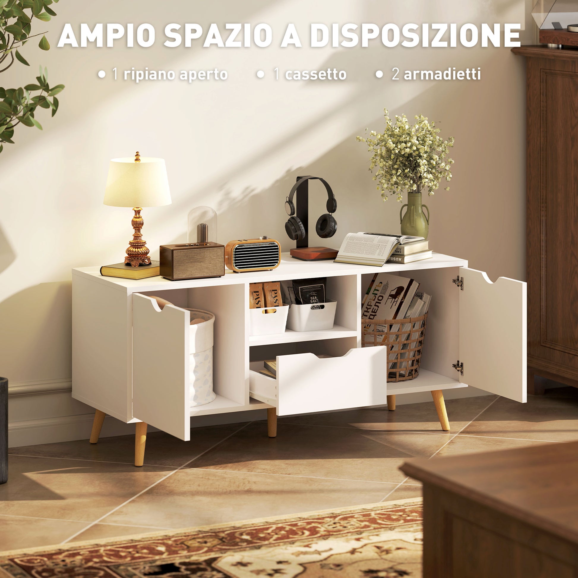 Modern TV Stand up to 50" with Drawer, Open Shelf, and 2 Cabinets, TV Stand with 5 Pine Wood Legs, 110x40x50 cm, White