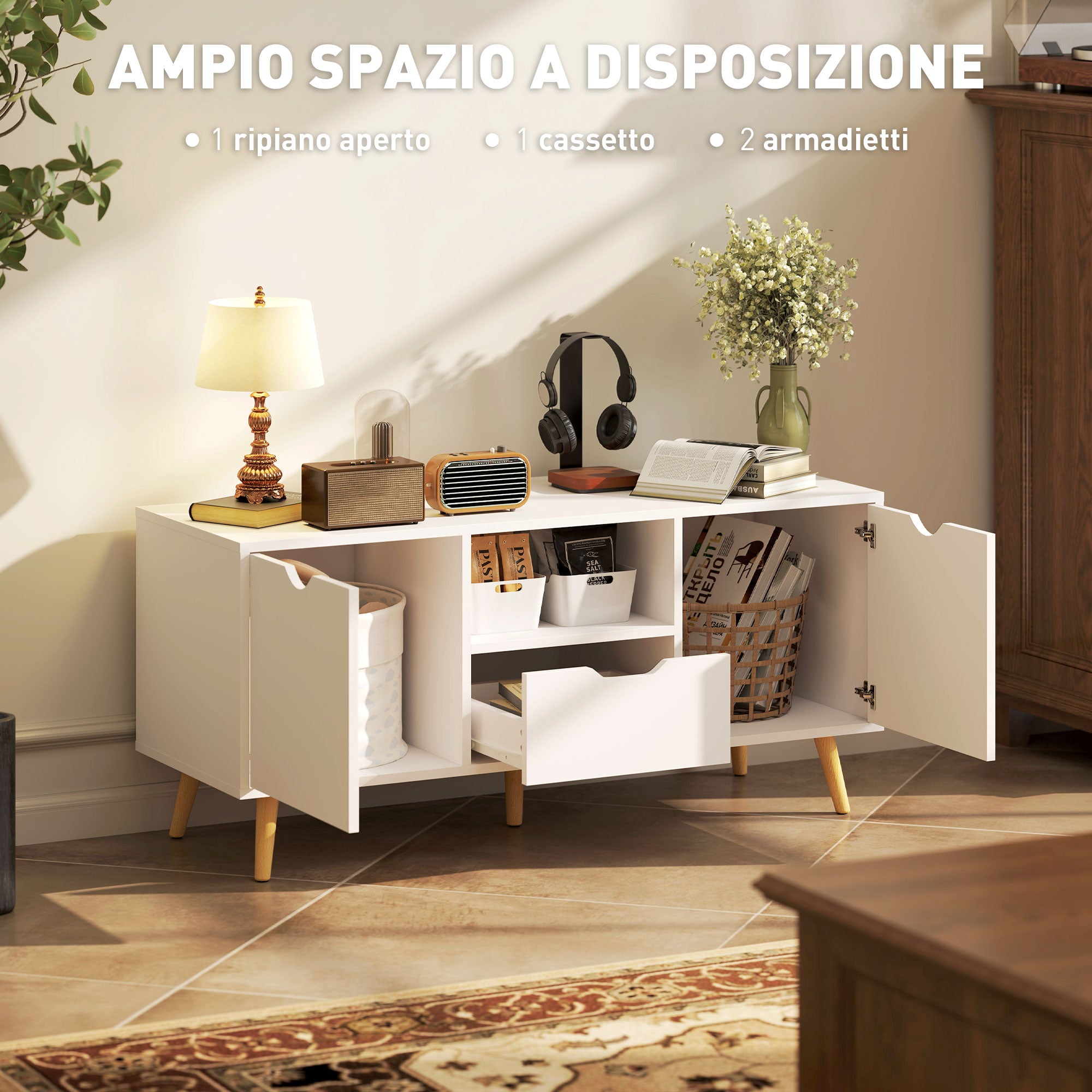 Modern TV Stand up to 50" with Drawer, Open Shelf, and 2 Cabinets, TV Stand with 5 Pine Wood Legs, 110x40x50 cm, White