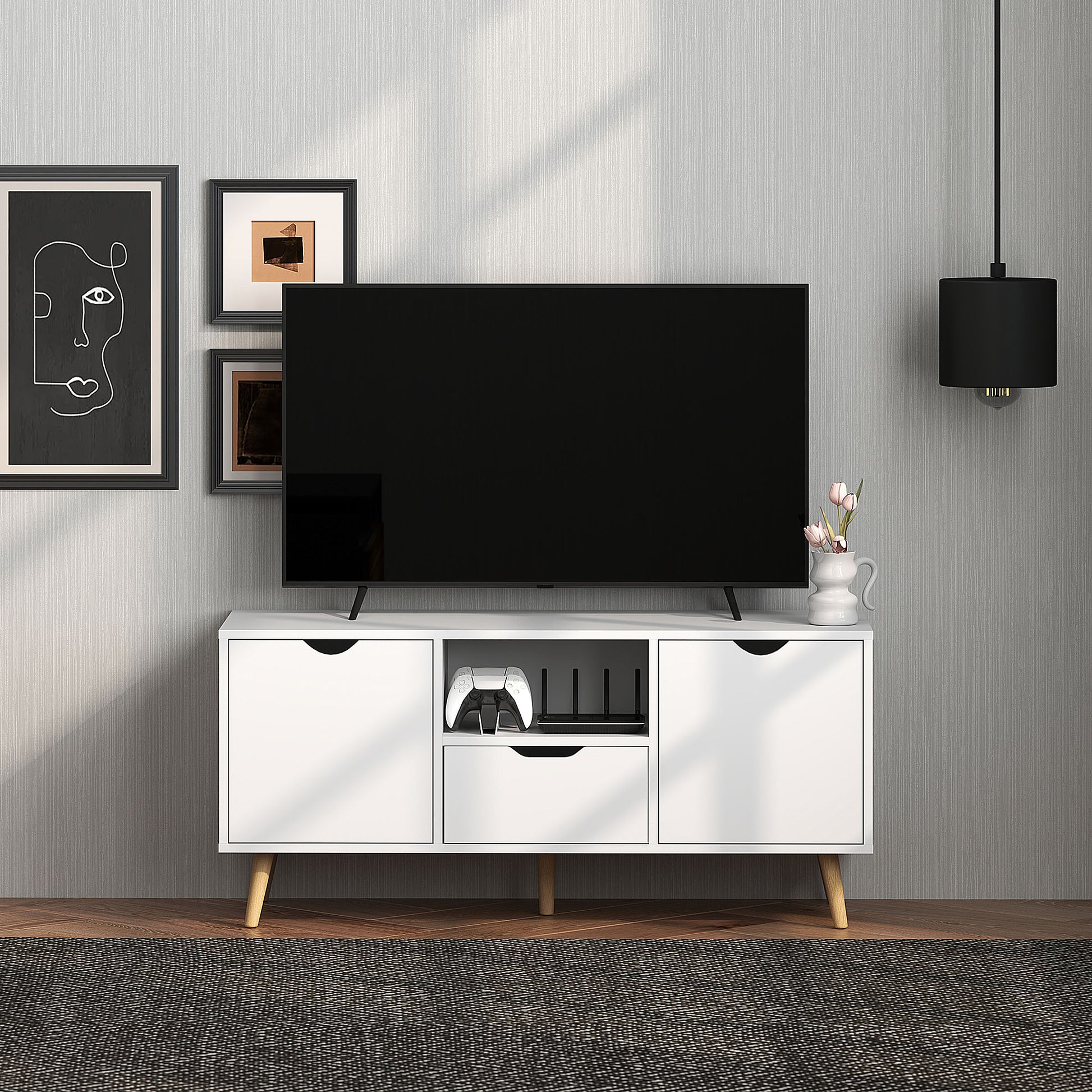 Modern TV Stand up to 50" with Drawer, Open Shelf, and 2 Cabinets, TV Stand with 5 Pine Wood Legs, 110x40x50 cm, White