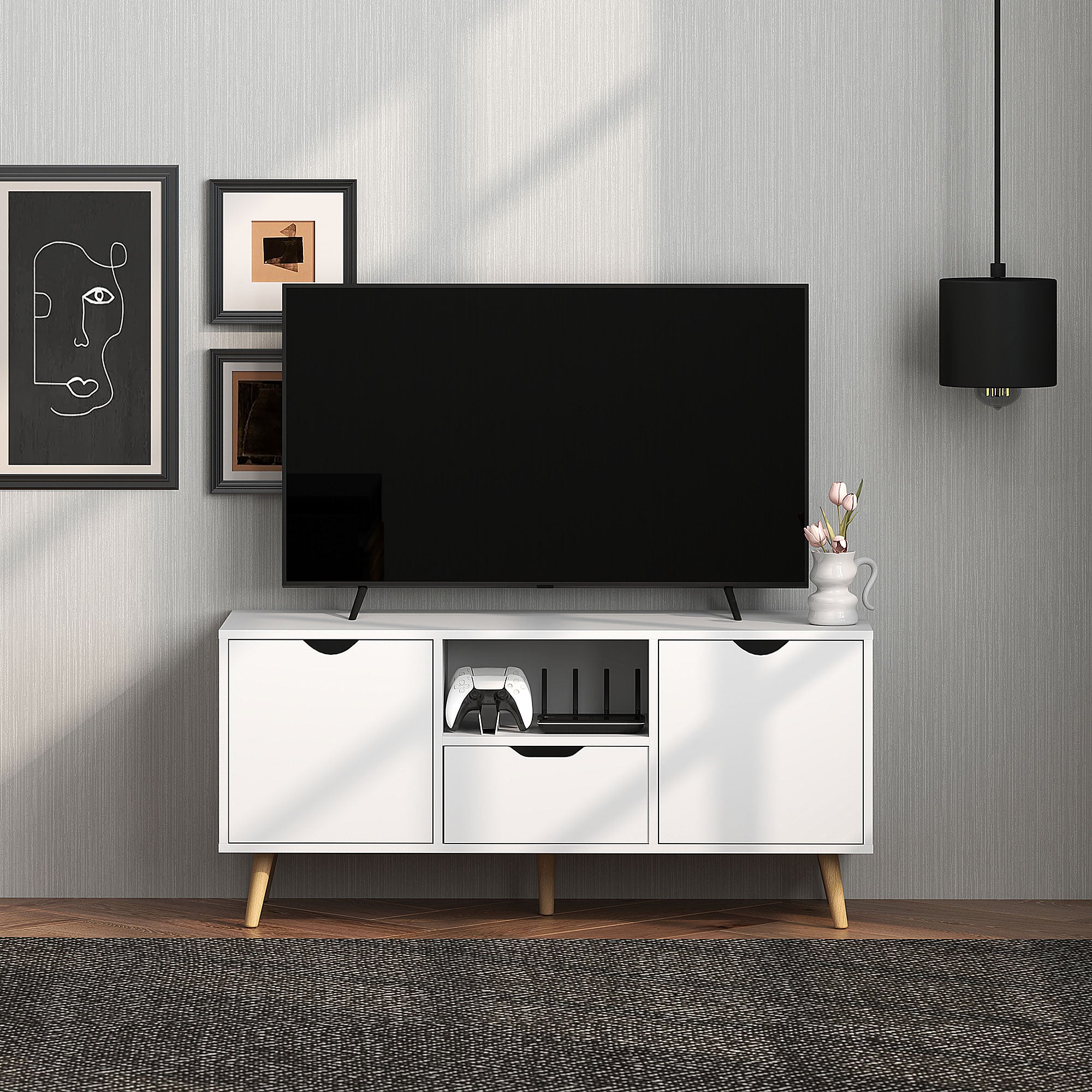 Modern TV Stand up to 50" with Drawer, Open Shelf, and 2 Cabinets, TV Stand with 5 Pine Wood Legs, 110x40x50 cm, White