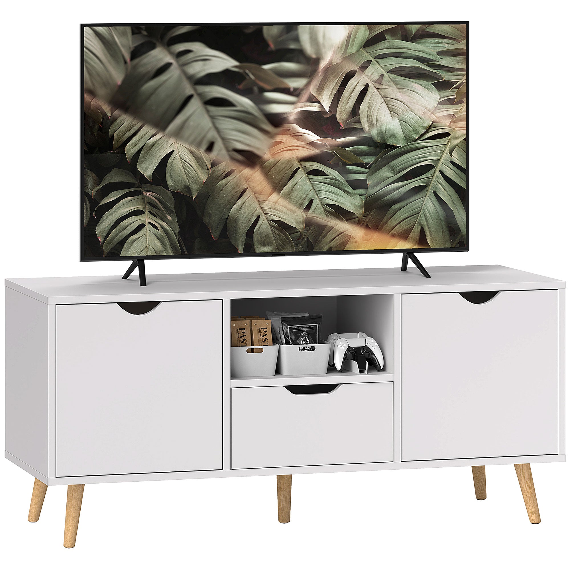 Modern TV Stand up to 50" with Drawer, Open Shelf, and 2 Cabinets, TV Stand with 5 Pine Wood Legs, 110x40x50 cm, White