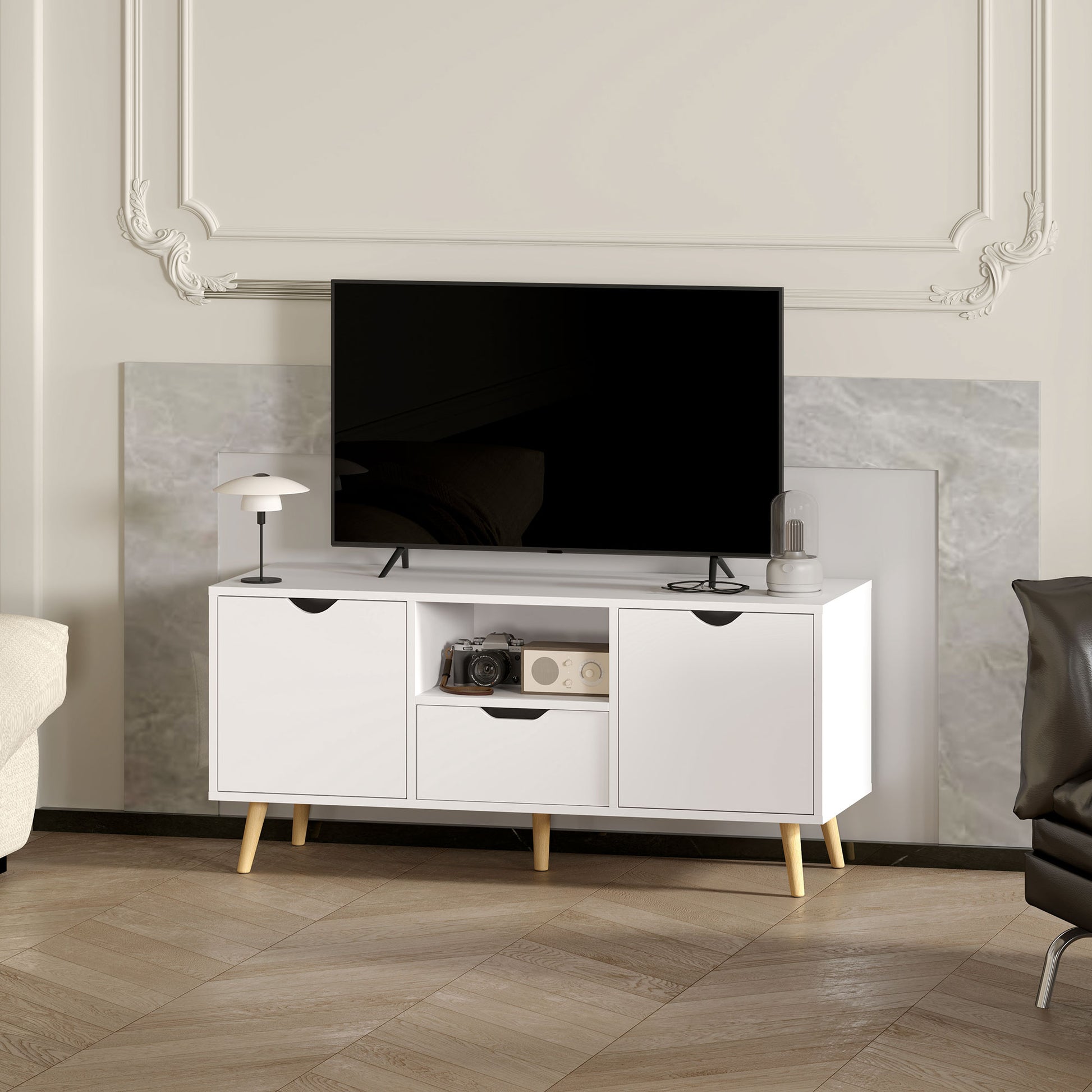 Modern TV Stand up to 50" with Drawer, Open Shelf, and 2 Cabinets, TV Stand with 5 Pine Wood Legs, 110x40x50 cm, White