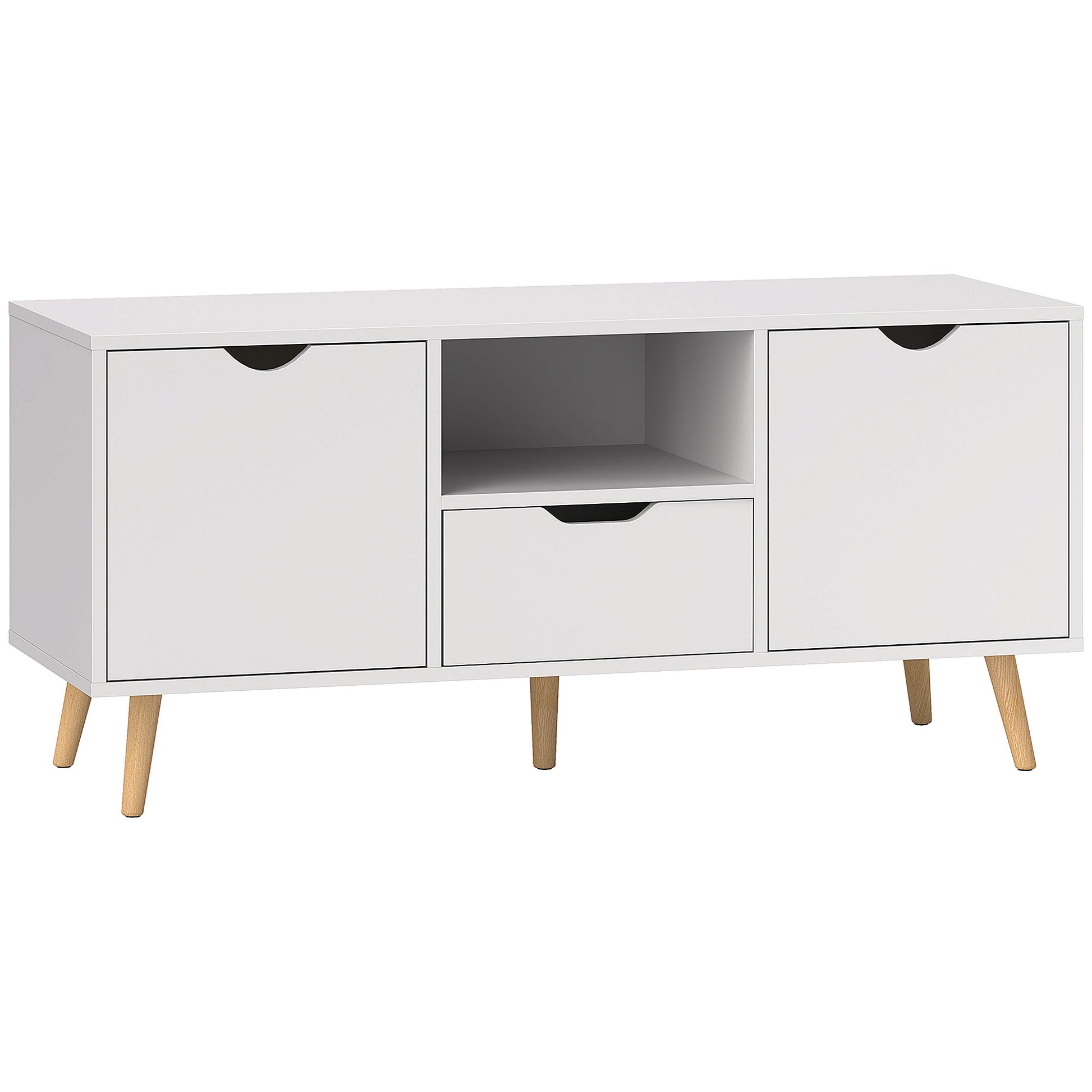 Modern TV Stand up to 50" with Drawer, Open Shelf, and 2 Cabinets, TV Stand with 5 Pine Wood Legs, 110x40x50 cm, White