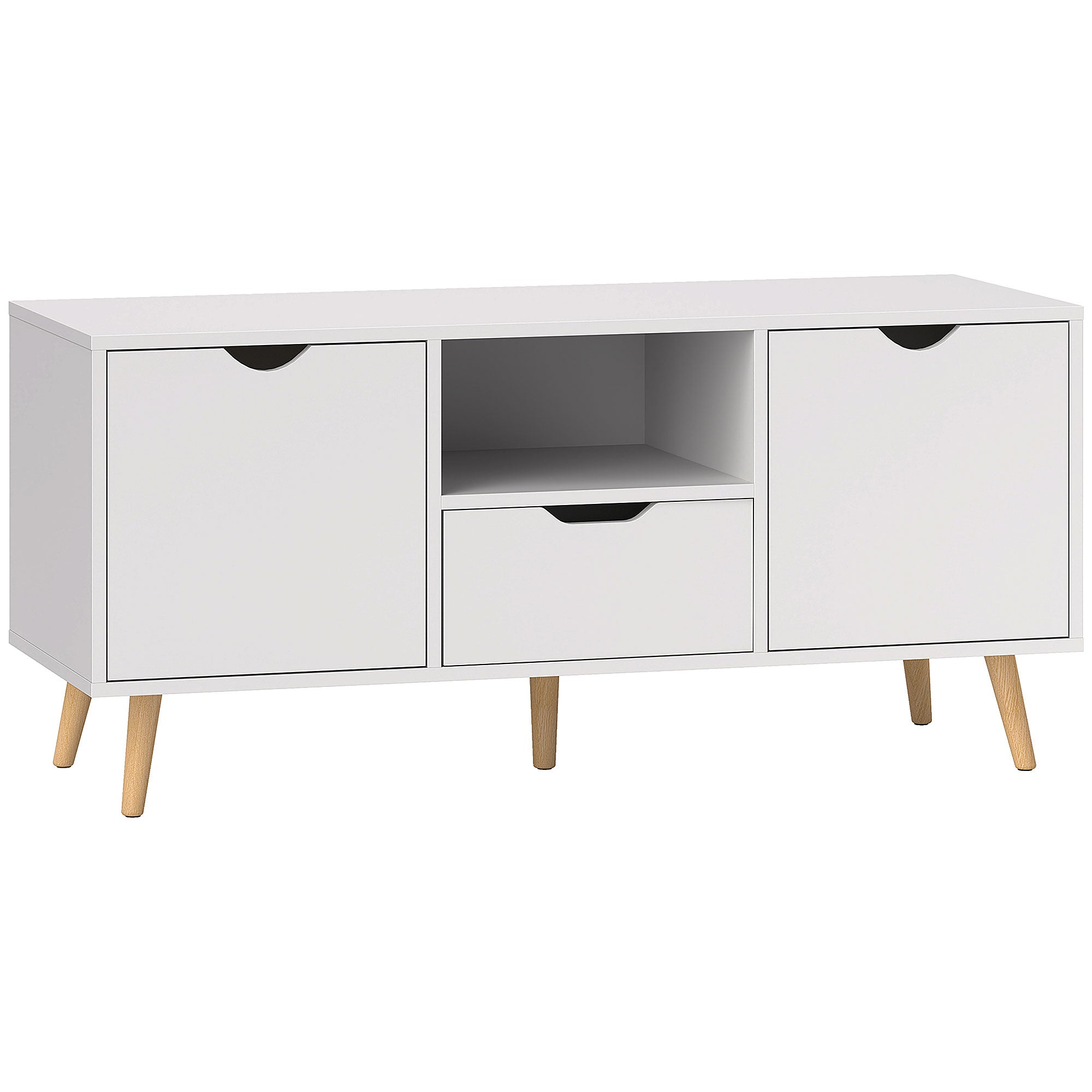 Modern TV Stand up to 50" with Drawer, Open Shelf, and 2 Cabinets, TV Stand with 5 Pine Wood Legs, 110x40x50 cm, White