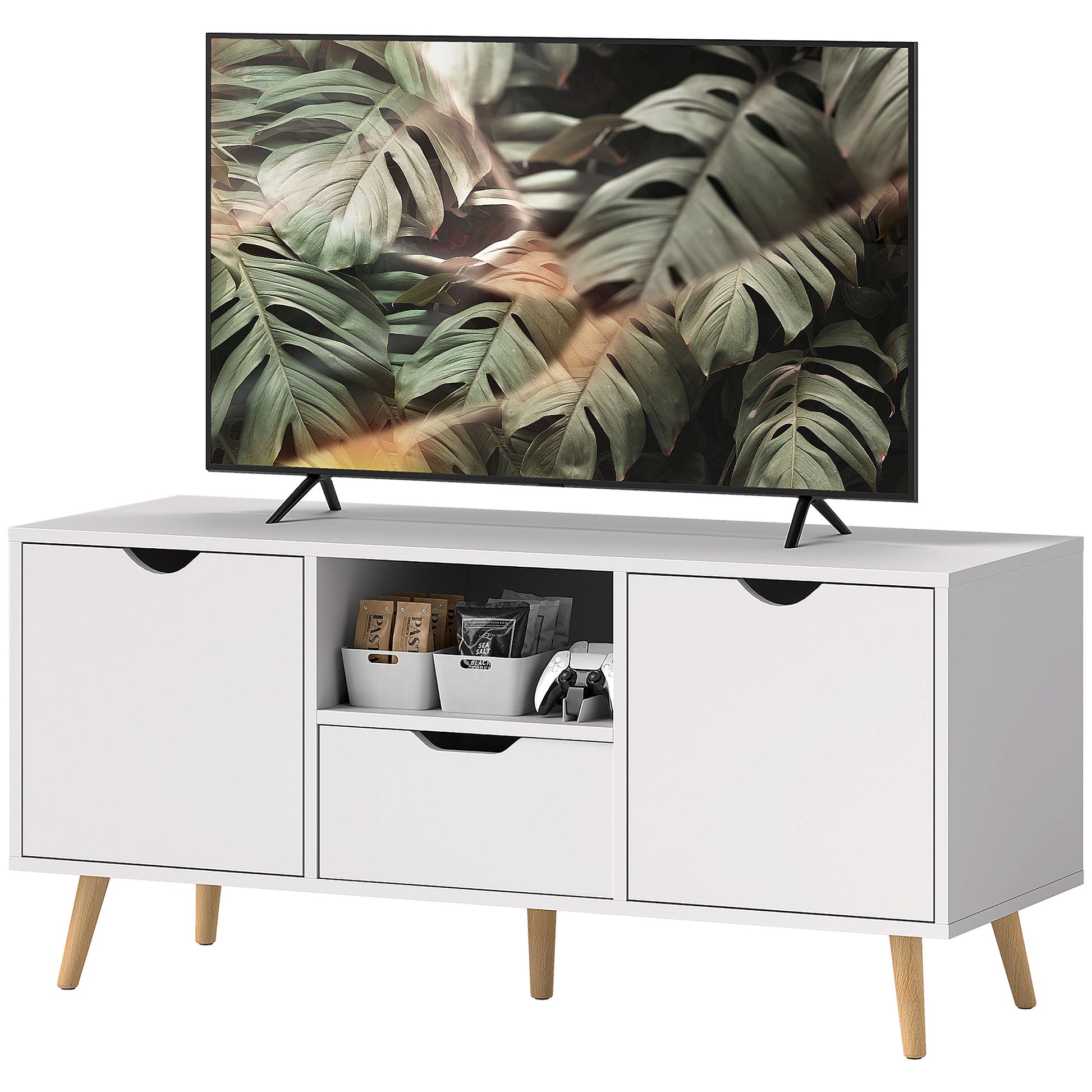 Modern TV Stand up to 50" with Drawer, Open Shelf, and 2 Cabinets, TV Stand with 5 Pine Wood Legs, 110x40x50 cm, White