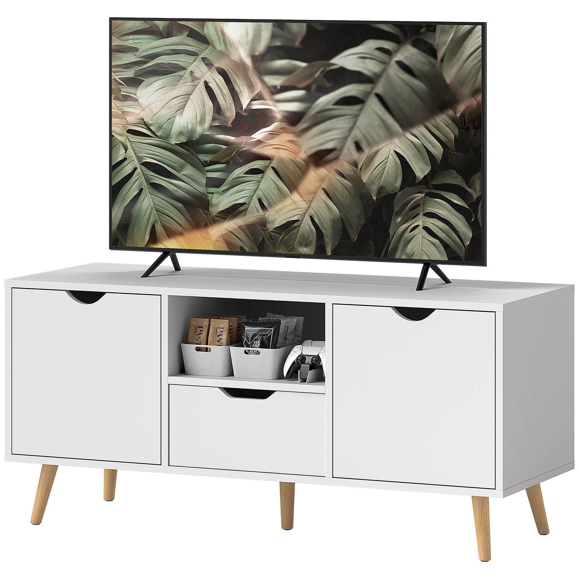 Modern TV Stand up to 50" with Drawer, Open Shelf, and 2 Cabinets, TV Stand with 5 Pine Wood Legs, 110x40x50 cm, White