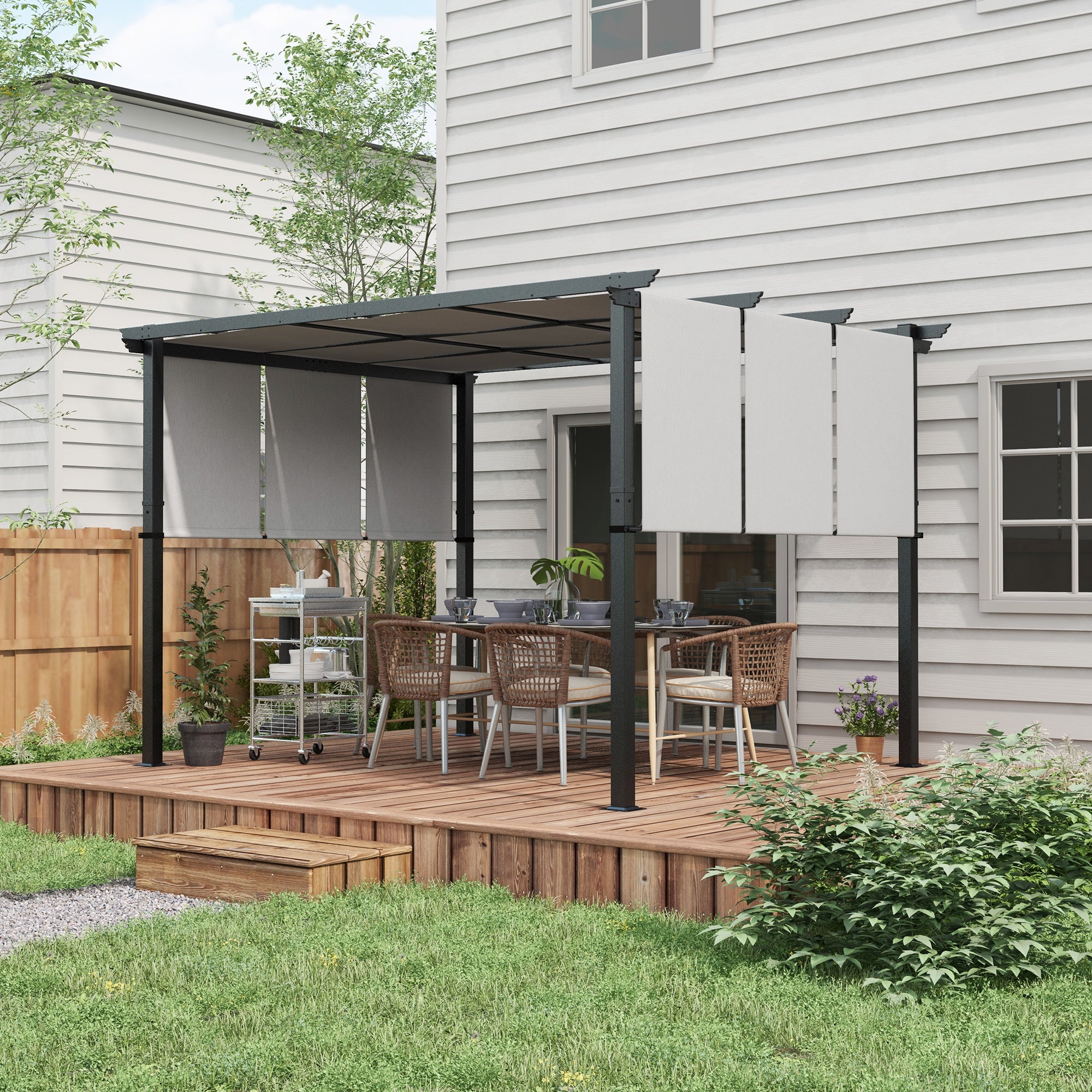 Pergola with 3 Sliding Canopies 3.5 x 3 x 2.35 m Black Steel Frame Light Gray High Density Polyester Canopy