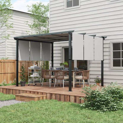 Pergola with 3 Sliding Canopies 3.5 x 3 x 2.35 m Black Steel Frame Light Gray High Density Polyester Canopy