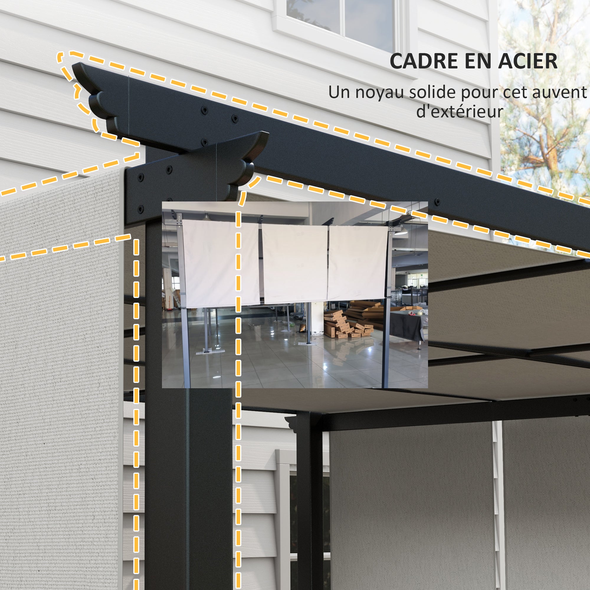 Pergola with 3 Sliding Canopies 3.5 x 3 x 2.35 m Black Steel Frame Light Gray High Density Polyester Canopy