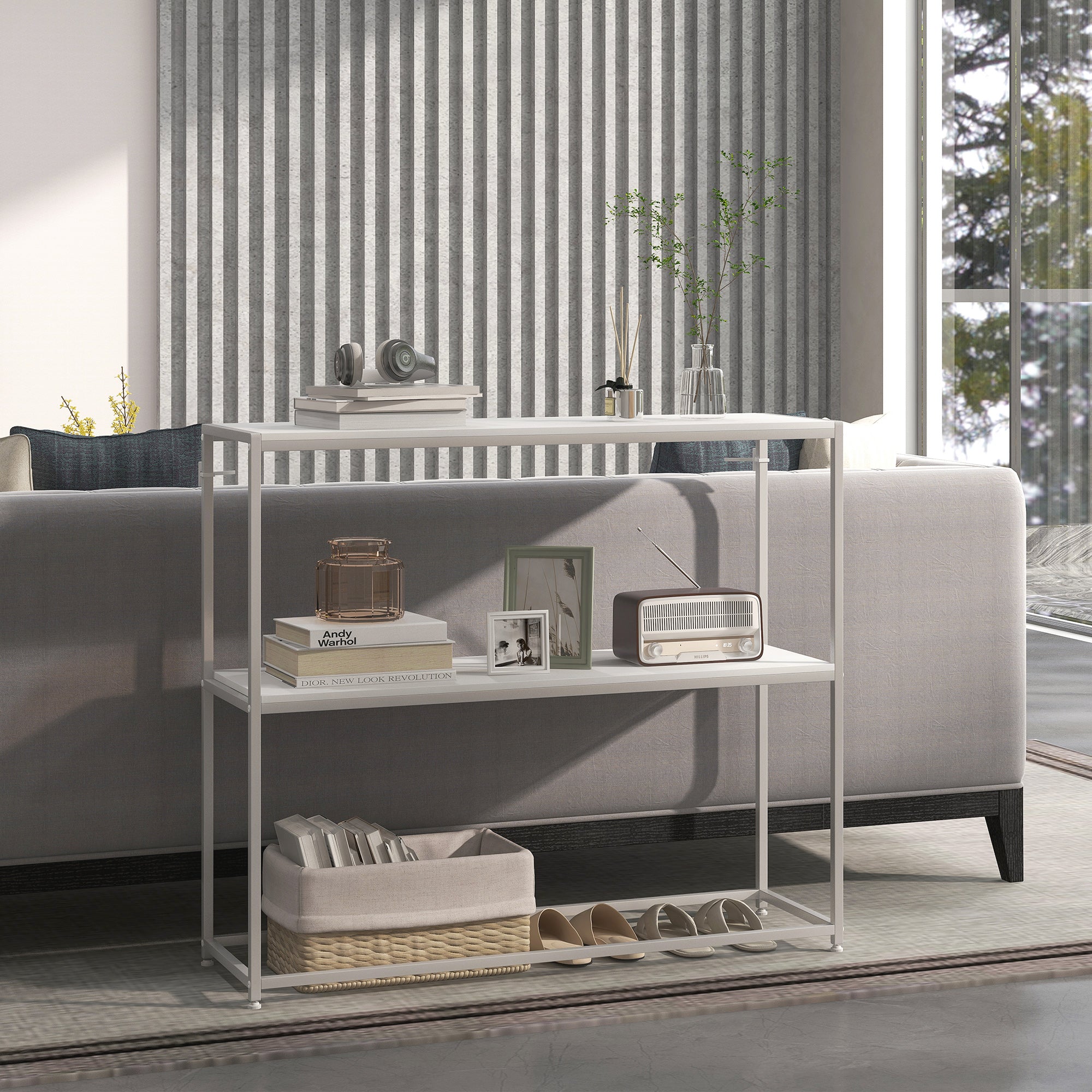 Entryway Console Table with Open Shelf and Anti-Tip Steel Frame for Living Room Hallway 100x30x87 cm White